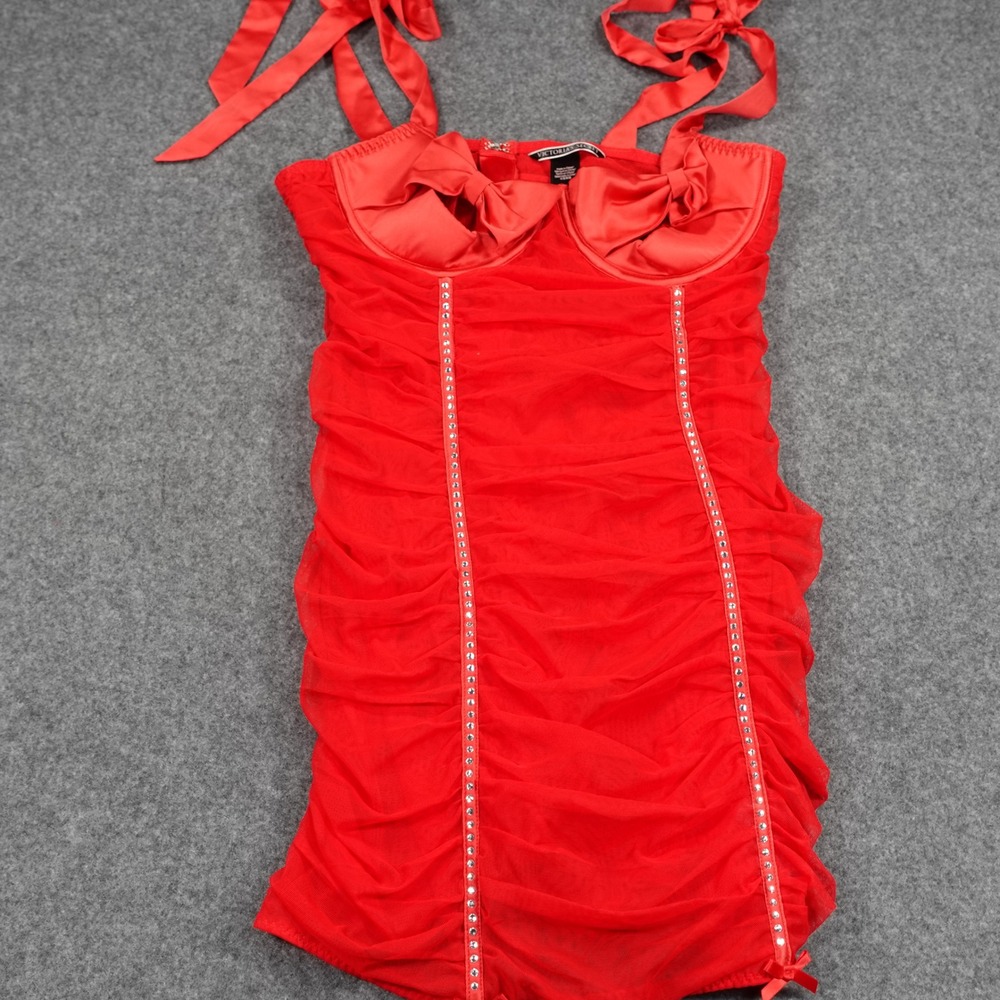 Red Ruched Satin & Mesh Chemise Nightdress - Women Intimates